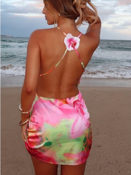 White Fox Boutique Pink & Green Floral Open-Back Mini Dress